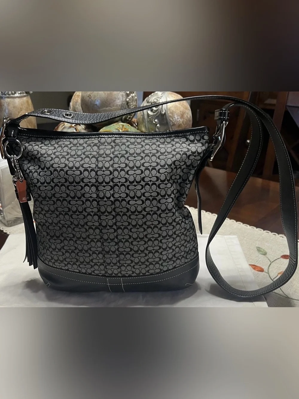 Coach Black and Gray Monogram Crossbody with Tassel